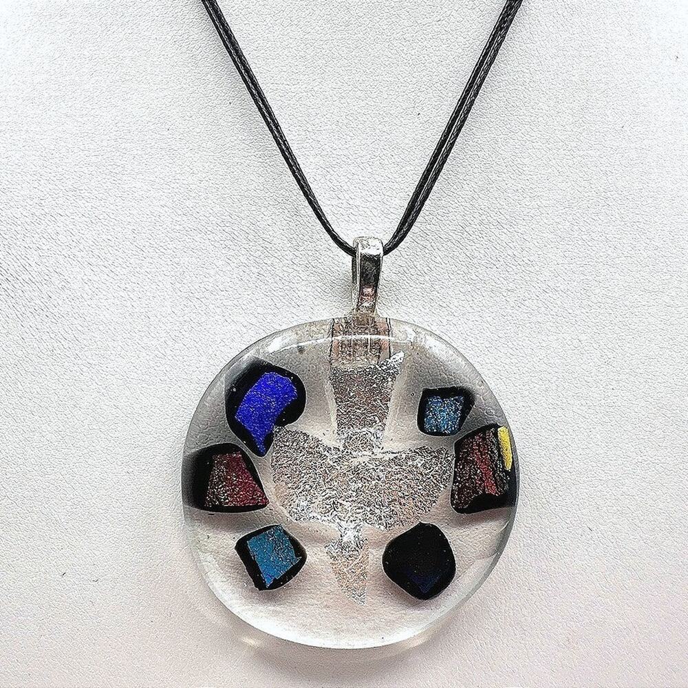 Vintage 90s Dichroic Glass Dove Necklace Rainbow Foil Pendant Black Cord Jewelry